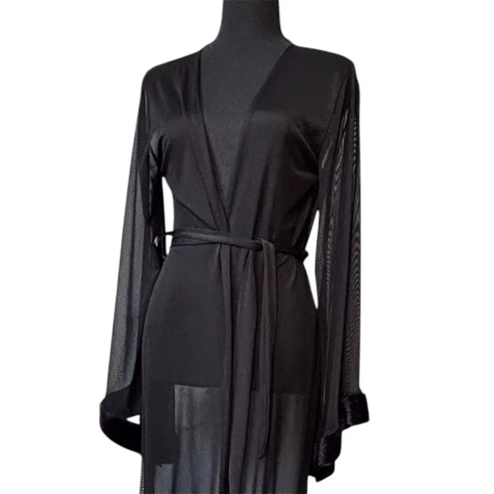 LEG AVENUE Black Sheer Duster Robe Faux Fur Border Sleeves And Hem Size S/M